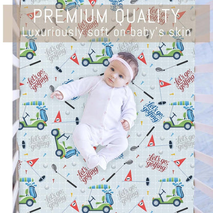 Selgkds Pastel Golfing Baby Crib Sheets for Boys Golf Cart Clubs Tees Balls Soft Snug Fitted Crib Mattress Covers for