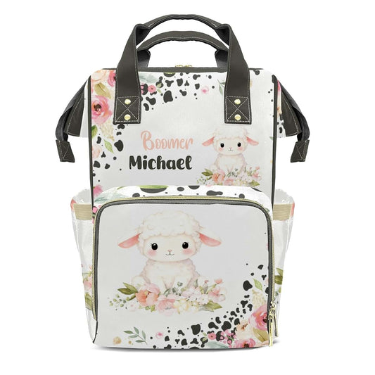 YallLocoMo Custom Name Diaper Bag Backpack Gift Watercolor Floral Sheep Multifunction Travel Backpack Nappy Bag Daypack