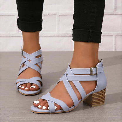 Women Chunky Heeled Sandals with Block Heel and Criss Cross Straps