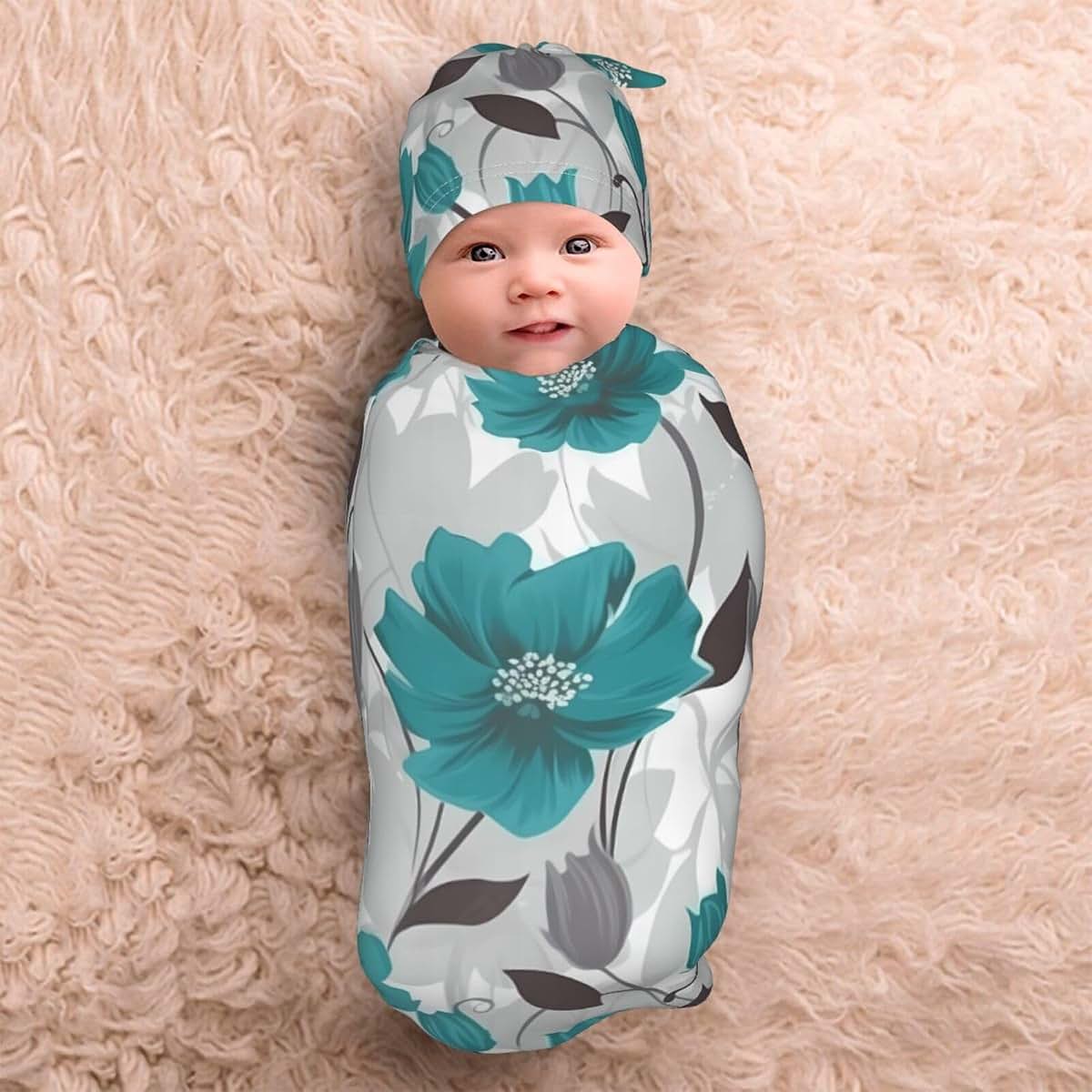 KKLWEGU Newborn Swaddle Blanket with Beanie Hat Set, Soft Sleep Sack Teal Grey and White Floral Newborn Receiving