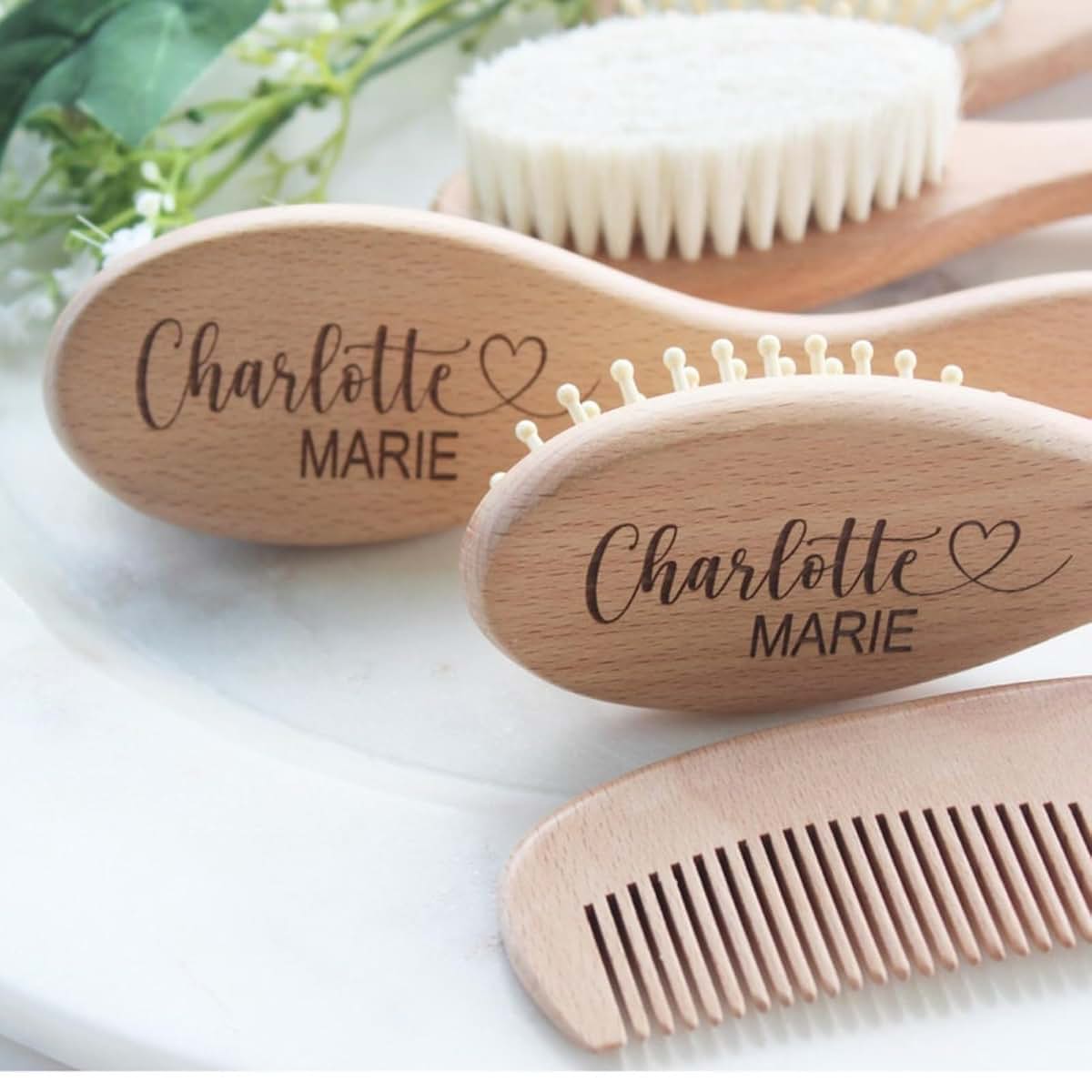 BabyOneStop Personalized Wooden Baby Hair Brush and Comb Set