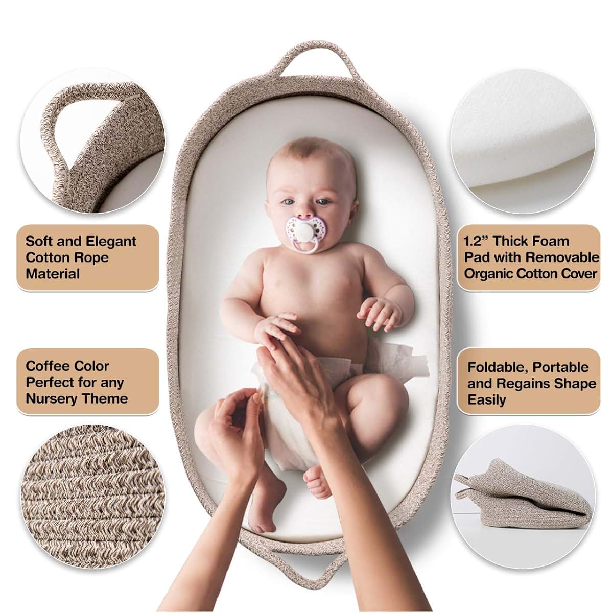 ECOADE Baby Changing Basket - Moses Basket Changing Table Topper and Thick Foam Pad with Removable Cotton Mattress (photo 2)