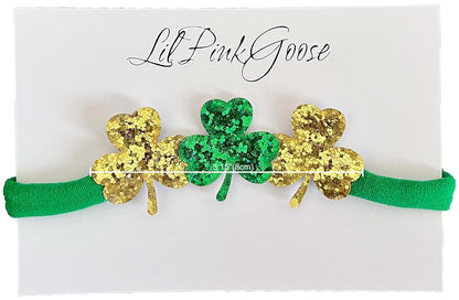 LilPinkGoose Baby St. Patrick's Day Green Clover Bow Headbands With Green Nylon Elastic Band
