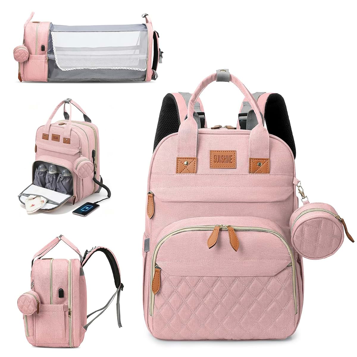 Diaper Bag Backpack with Changing Station, Pink, 25L 900D Nylon, USB Port & Insulated Pockets