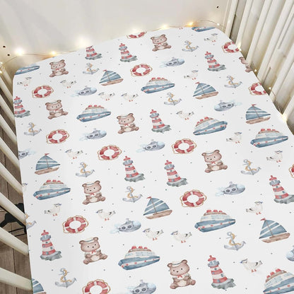 BabyOneStop Sailor Bear Watercolor Crib Sheet 52x28, Coastal Nautical Lighthouse Anchors Boats Fitted Polyester