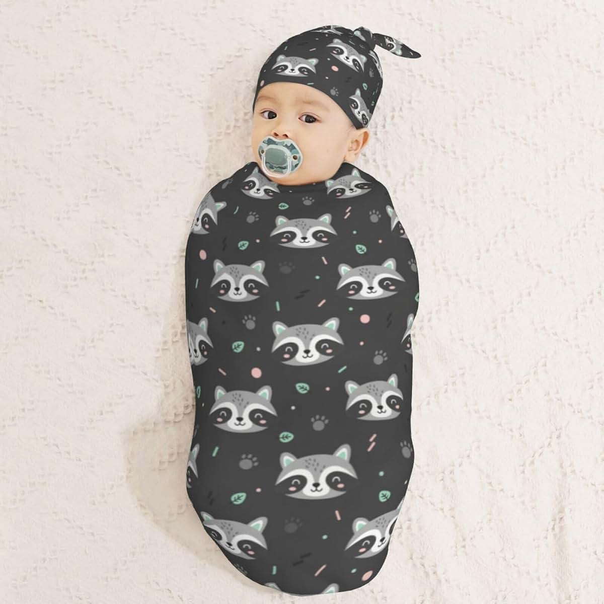 Muishi Cartoon Raccoon Newborn Swaddle Blanket And Hat Set Soft Polyester