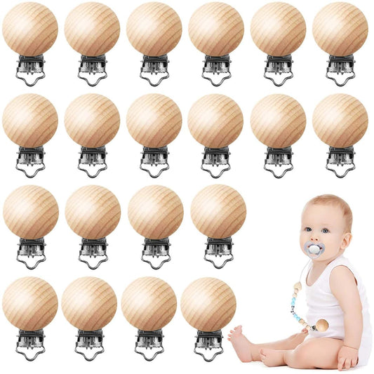Greneric 24 Pieces Natural Beech Wood Pacifier Clips Teething Grasping Toy Suspender Clips Charm DIY Pacifier Clips