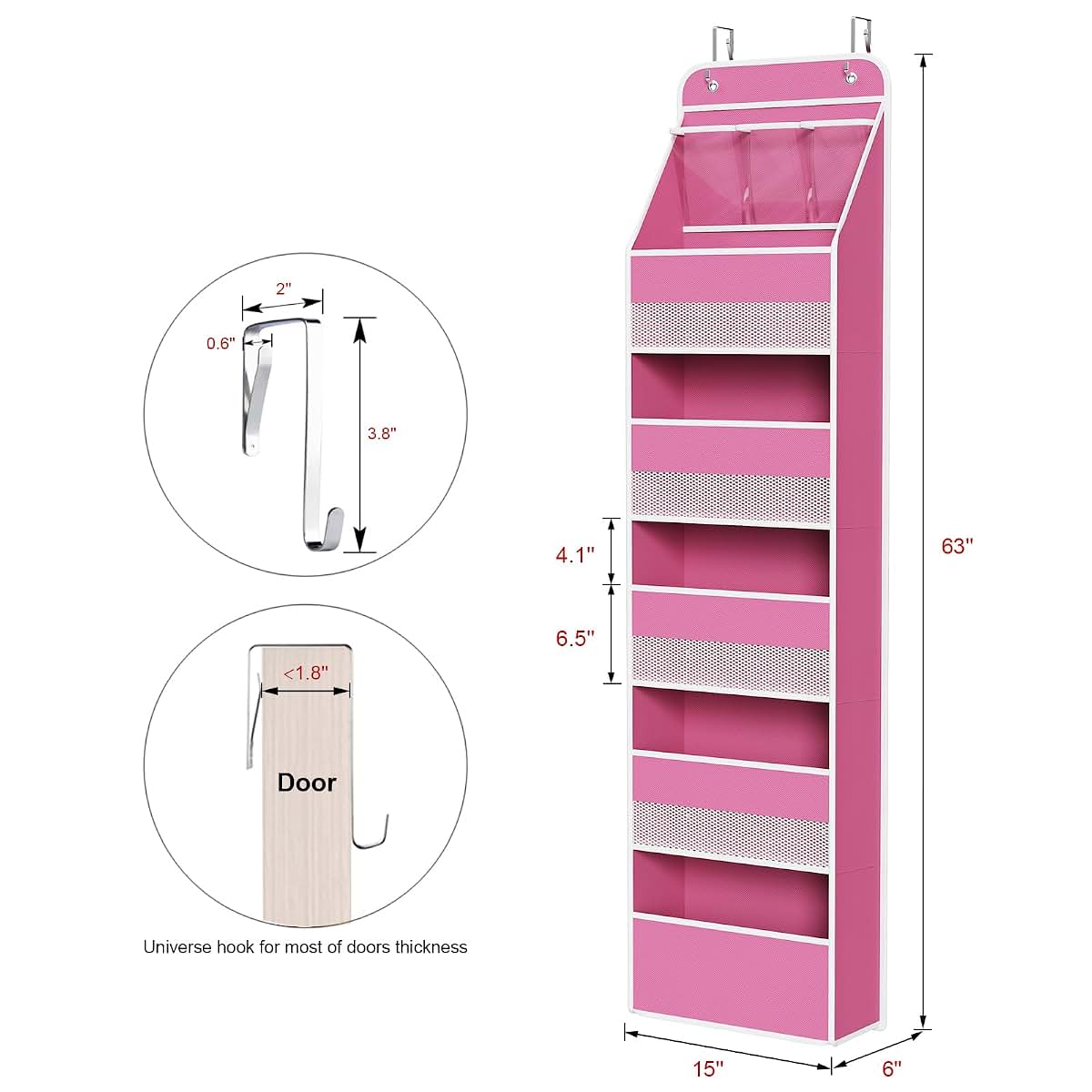 Univivi Fabric Over Door Hanging Organizer, Pink, 6-Shelf, 8 Pockets