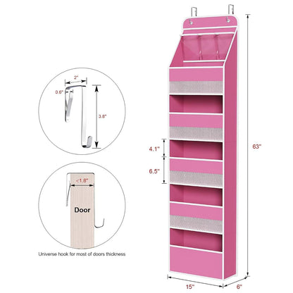 Univivi Fabric Over Door Hanging Organizer, Pink, 6-Shelf, 8 Pockets