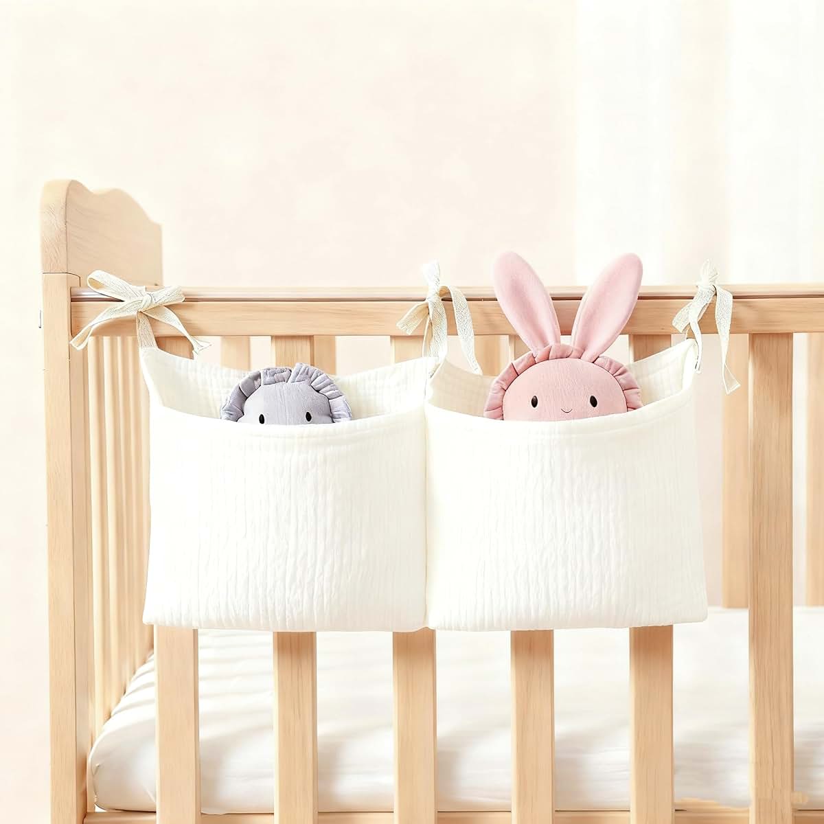 DEZIGKA Baby Bedside Hanging Storage Bag Muslin Cotton, Crib Diaper Caddy Organizer 2 Pockets, Nappy-Dormitory Nursery