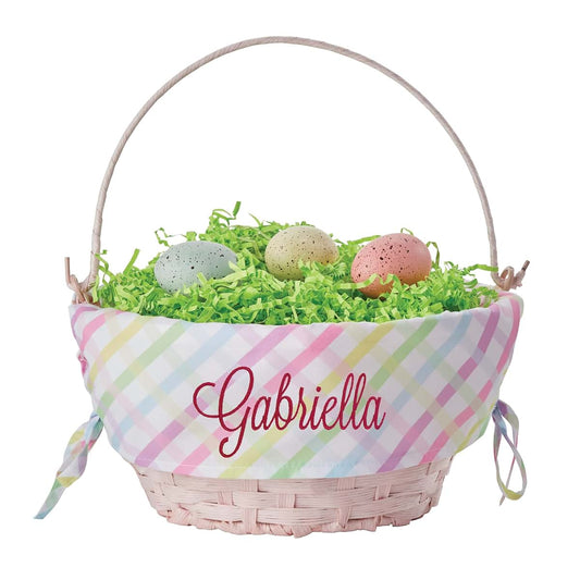 Personalized Planet Personalized Easter Egg Basket with Handle and Custom Name in Pink Script | Multicolor Gingham