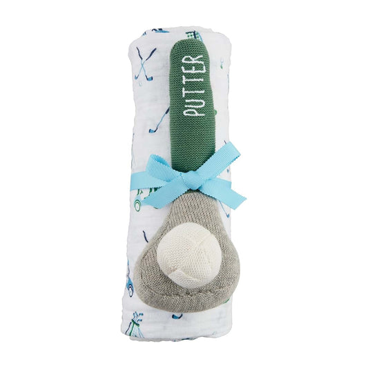 Mud Pie Muslin Golf Swaddle and Knit Rattle Set