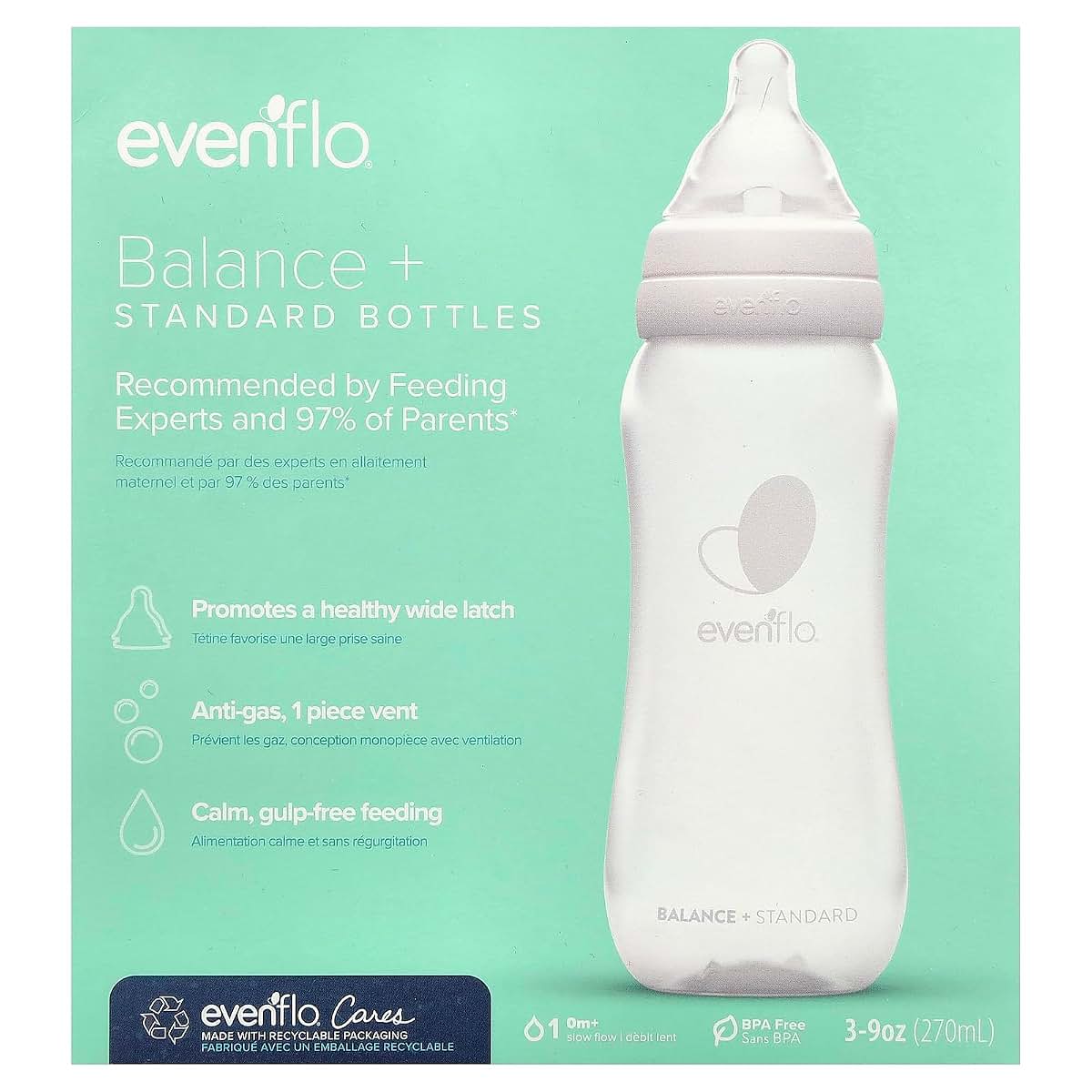 Evenflo Feeding Balance+ Standard Bottles, 9 oz, Slow Flow, 3 Pack