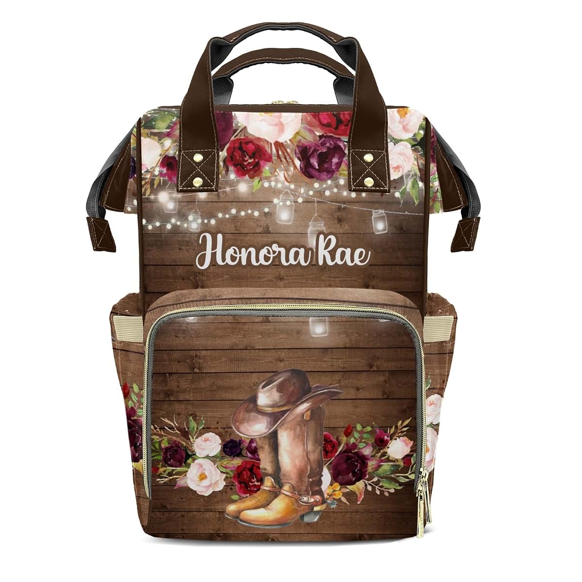 Joyestore Personalized Floral Light Cowboy Boot Flower Custom Mom Bag with Name,Dad and Mom Diaper Backpack Waterproof