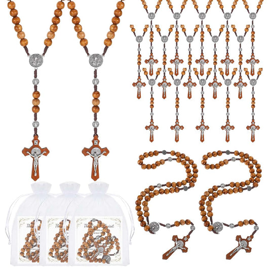 Gweichunon 30 Set Wooden Rosary Necklace With Jesus Holy Cross