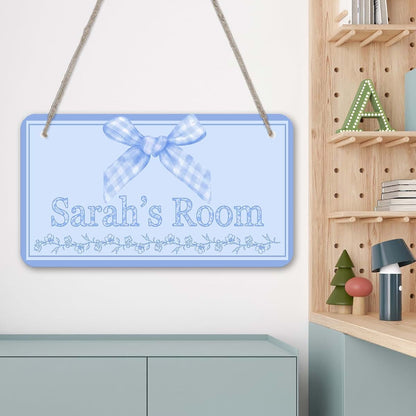 Duhuashu Personalized Blue Plaid Bow Kids Room Door Sign