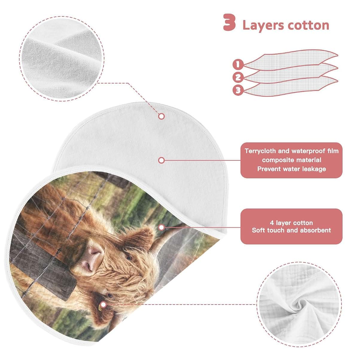 Kigai Highland Cow Muslin Burp Cloths 4 Pack 22x11 Inch