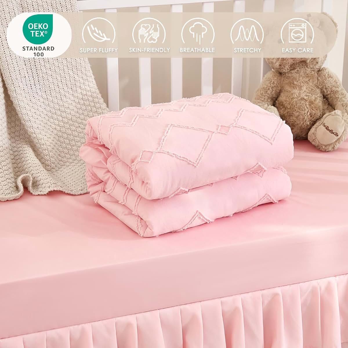 NacoMoco 3-Piece Tufted Ruffle Crib Bedding Set for Girls, Light Pink