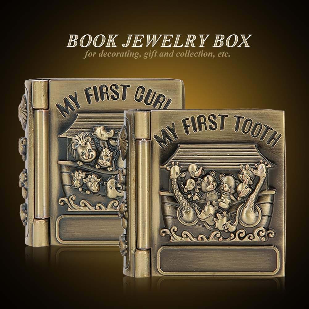Gsycle First Curl and Tooth Keepsake Box, Book Shape Metal Tooth Collection Organizer Vintage Jewelry Trinket Holder