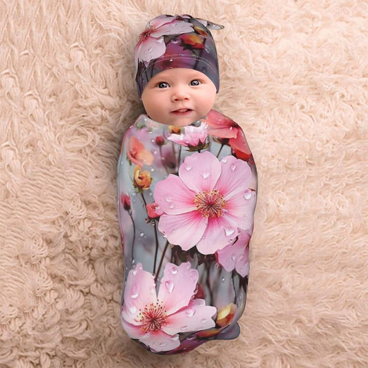 KKLWEGU Newborn Swaddle Blanket with Beanie Hat Set, Soft Sleep Sack Beautiful Pink Flower Newborn Receiving Blankets