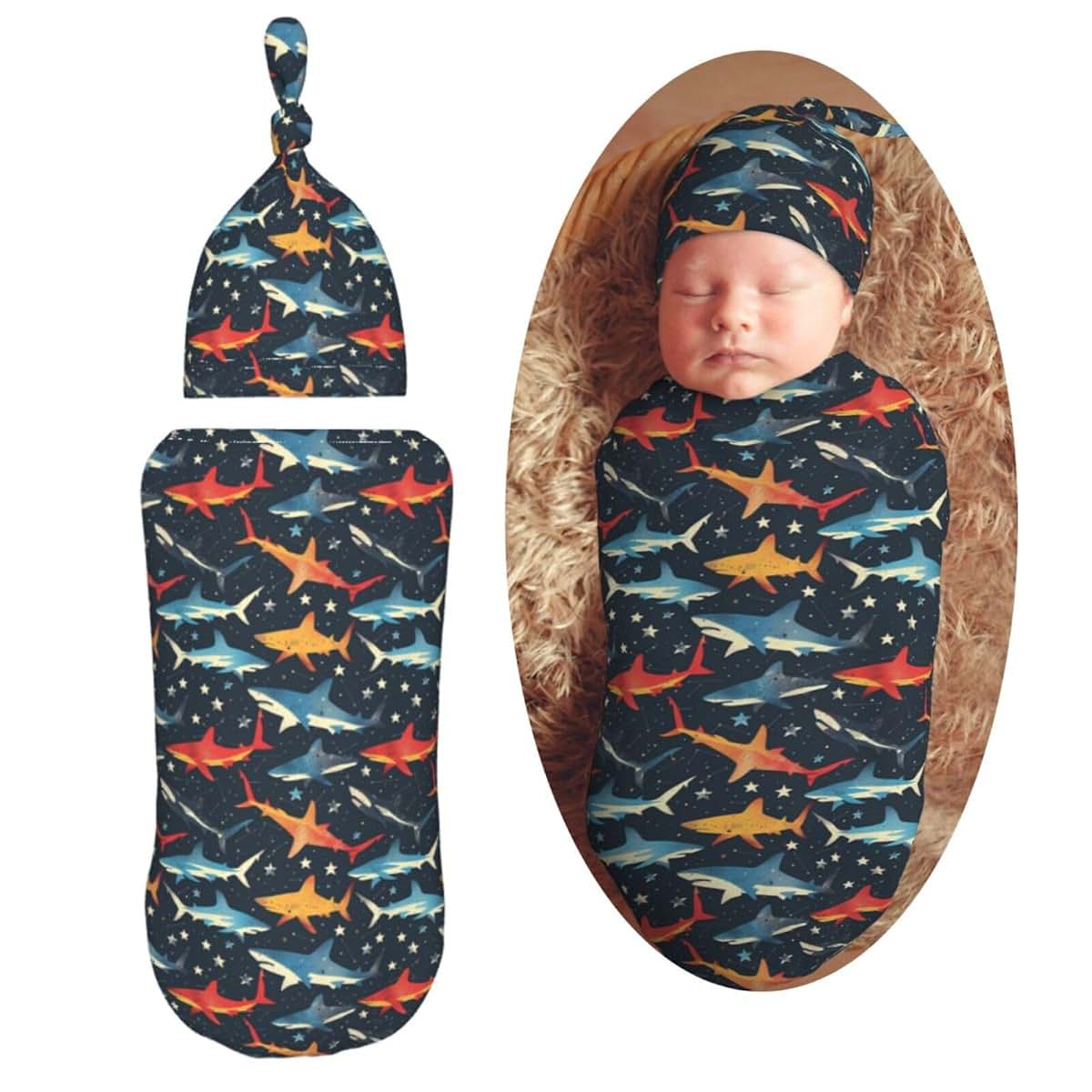 Muishi Space Sharks And Star Newborn Swaddle Blanket And Hat Set