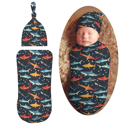 Muishi Space Sharks And Star Newborn Swaddle Blanket And Hat Set