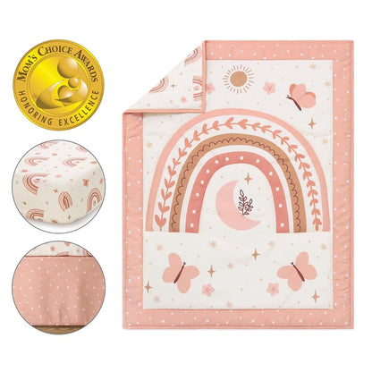 The Peanutshell 3 Piece Baby Crib Bedding Set for Girls, Boho Rainbow with Fitted Sheet, Quilt and Bed Skirt