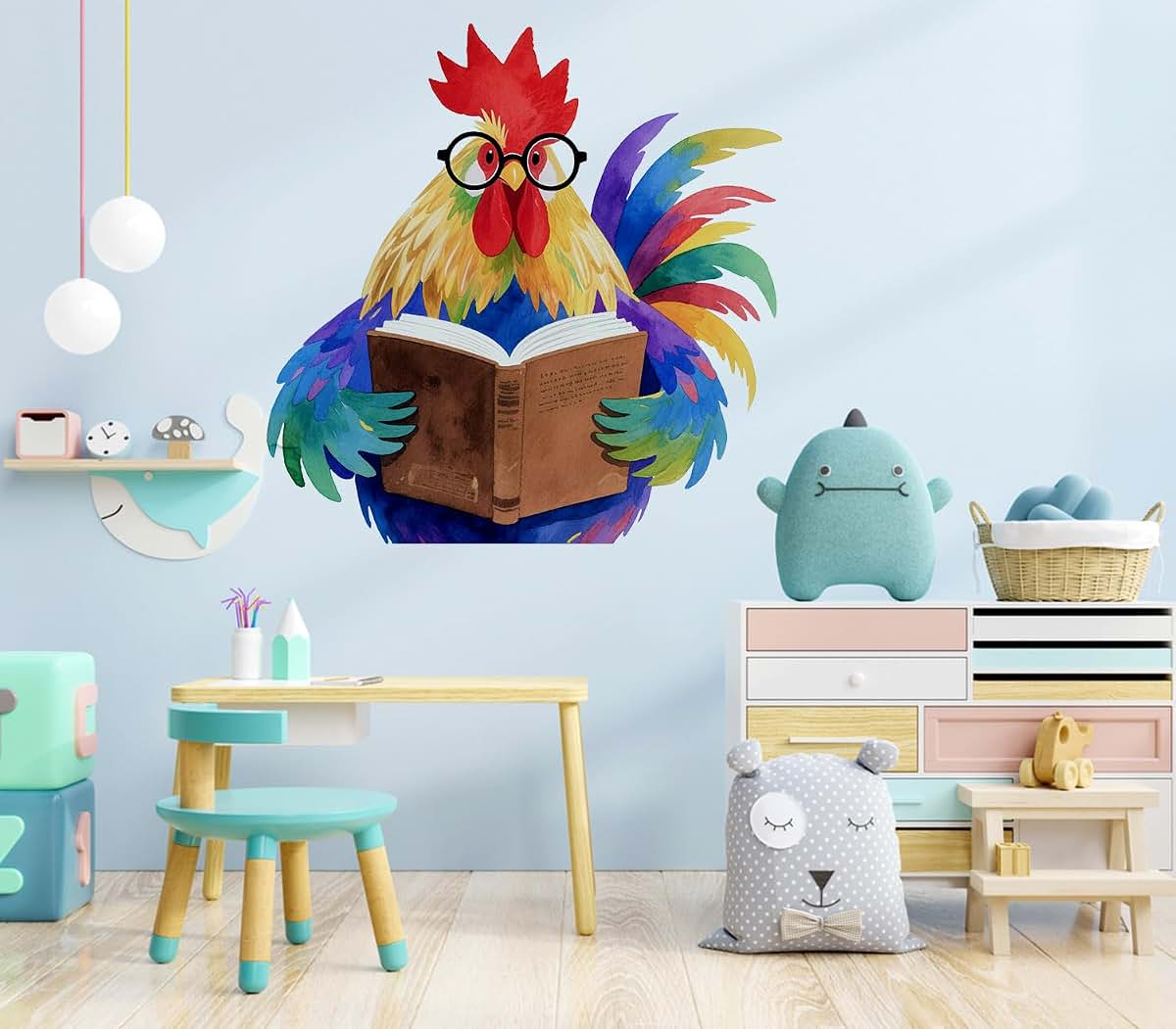 BabyOneStop Chicken Reading Wall Decal, Watercolor Farm Animal Stickers