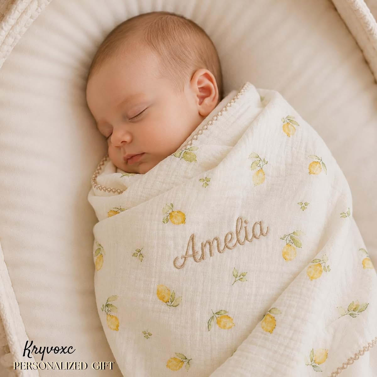 Kryvoxc Personalized Muslin Cotton Baby Blankets, Newborn Girl Boy Gifts, Swaddle | Breathable cotton, name embroidery (photo 3)