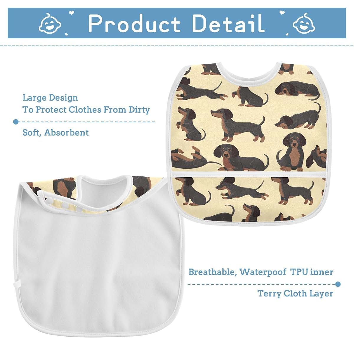Waterproof Baby Bib with Food Catcher Pocket and Adjustable Snaps