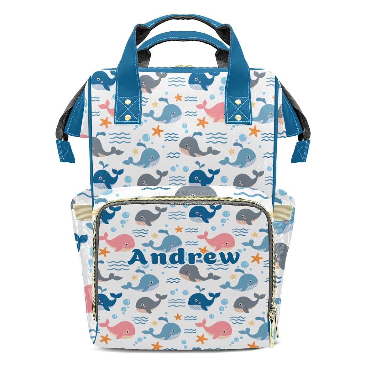 YallLocoMo Custom Name Diaper Bag Backpack With Cartoon Whale Design