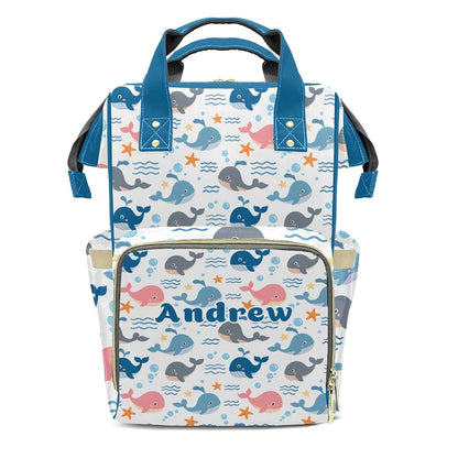 YallLocoMo Custom Name Diaper Bag Backpack With Cartoon Whale Design