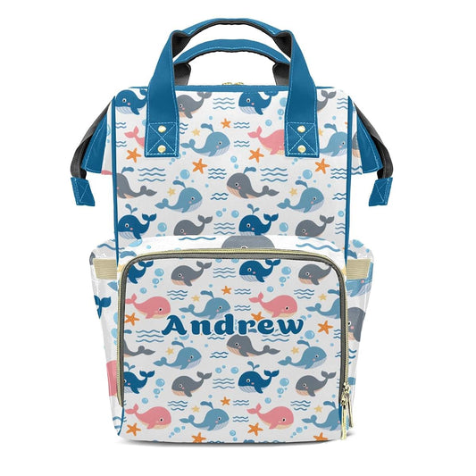 YallLocoMo Custom Name Diaper Bag Backpack With Cartoon Whale Design