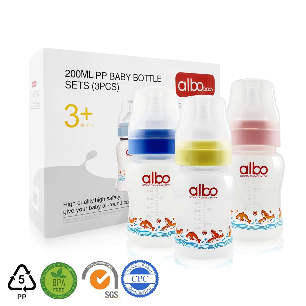 ALBO BABY- 3m+ ARC Type Natural Flow ‎Anti-Colic Baby Feeding Bottle 7oz/200ML,3 Counts Variable Flow Frosted Nipples