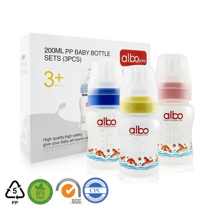 ALBO BABY- 3m+ ARC Type Natural Flow ‎Anti-Colic Baby Feeding Bottle 7oz/200ML,3 Counts Variable Flow Frosted Nipples