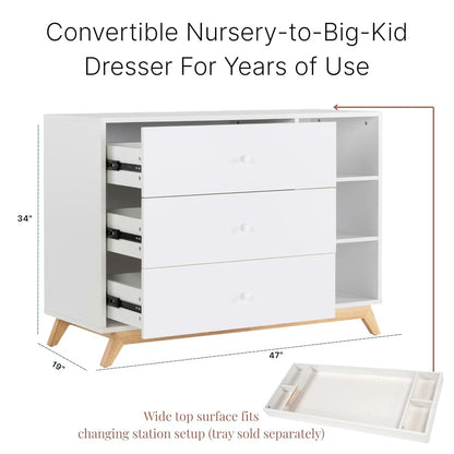 dadada Central Park 3-Drawer Bedroom Dresser, Open Shelving, White/Natural