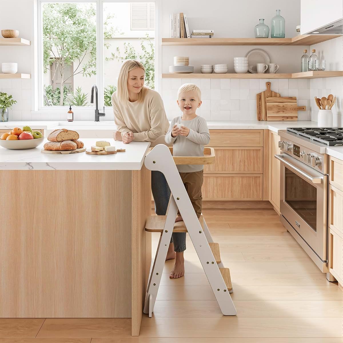 COSYLAND Foldi Foldable Toddler Kitchen Stool - Adjustable Height Standing Tower With Mesh Back