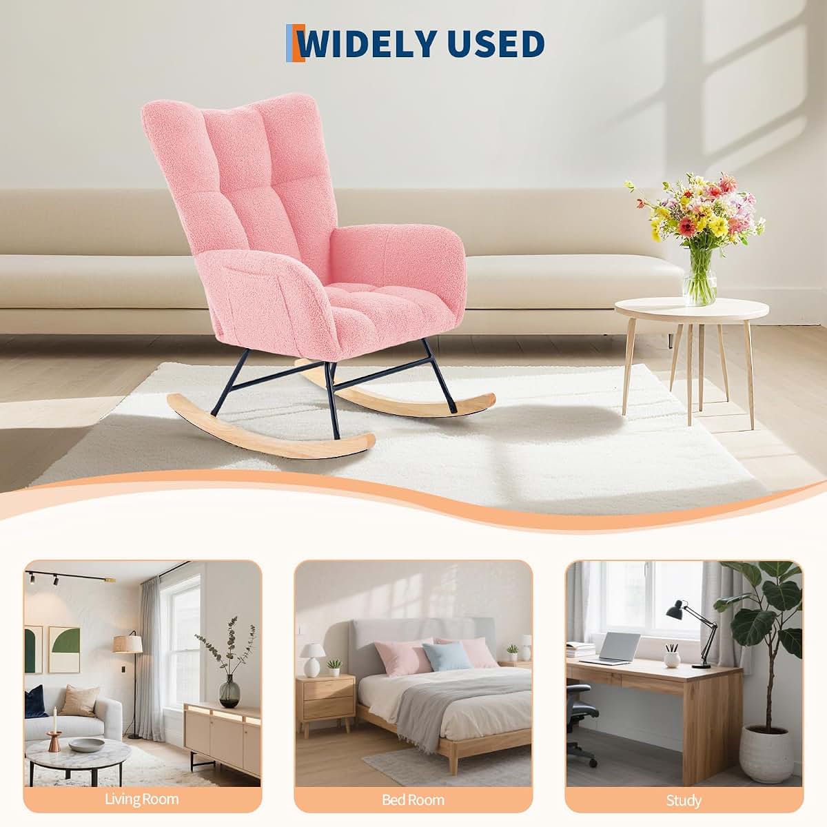 OUTGOODS Upholstered Nursery Rocking Chair with Teddy Fabric, High Backrest and Padded Seat, Modern Accent Glider