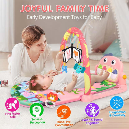 UMIKU Baby Play Mat Tummy Time Mat with Piano Music & Light, Pink Dinosaur Theme, 3-12 Months