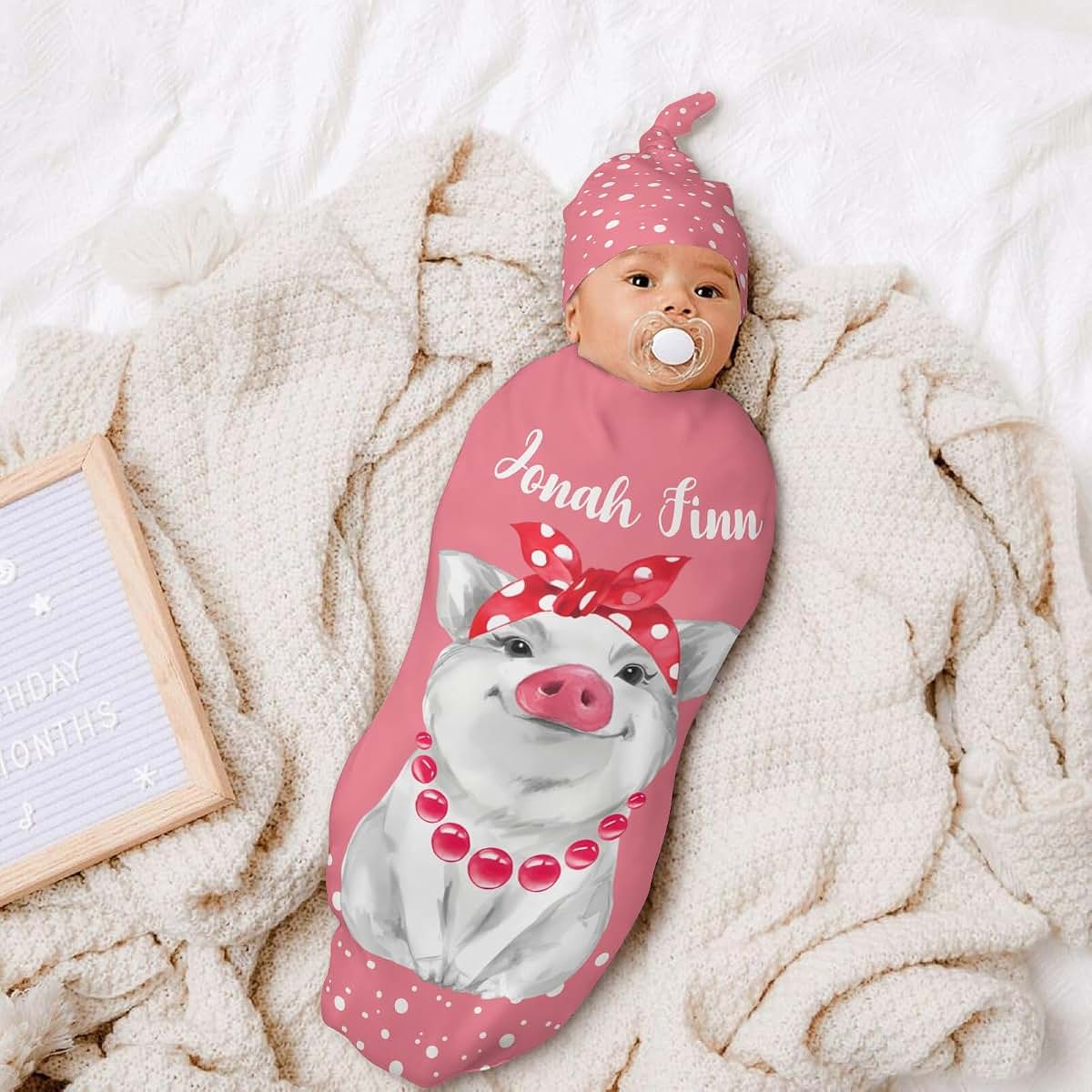 YallLocoMo Personalized Newborn Swaddle Blanket and Hat Set (photo 4)