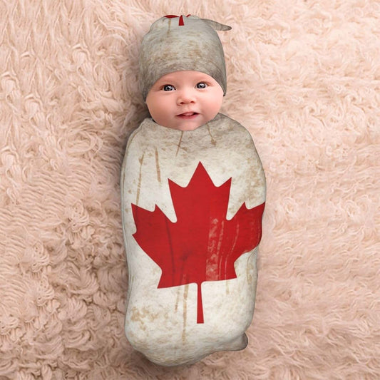 KKLWEGU Newborn Swaddle Blanket with Beanie Hat Set, Soft Sleep Sack Retro Canada Flag Newborn Receiving Blankets Baby