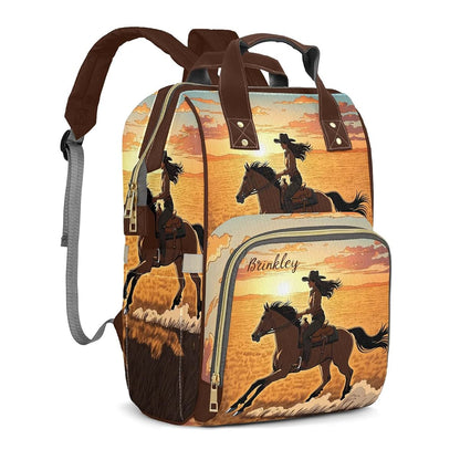 YallLocoMo Personalized Diaper Bag Backpack Gift CowGirl Sunset Horse Cute Versatile Travel Bag: Large Capacity & (photo 2)