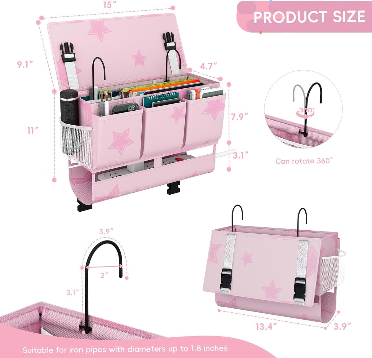 Bedside Organizer Caddy with 7 Pockets for Dorm Rooms and Home Use (Pink)