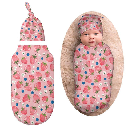 Qiohoey Cute Pink Strawberry Newborn Baby Swaddle Blanket with Beanie Hat Baby Receiving Blanket Gifts for Boys Girls