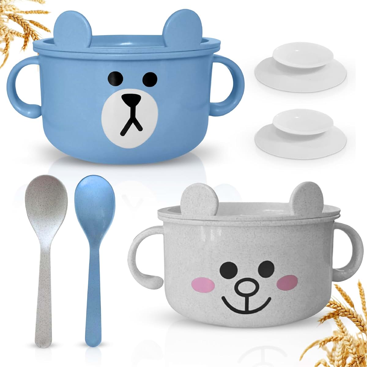 SnugglyBites Unbreakable Bowls for Babies & Toddlers with Spoon and Lid, Eco-Friendly Wheat Straw, Stay Put Suction