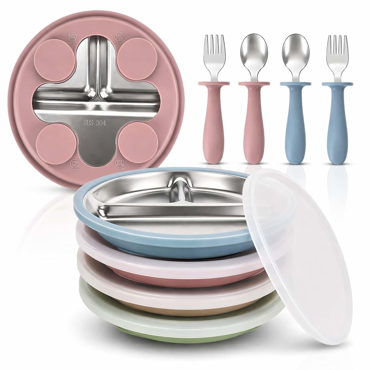 NKR lab Stainless Steel Baby Plates with Suction, 4-Pack Divided Set