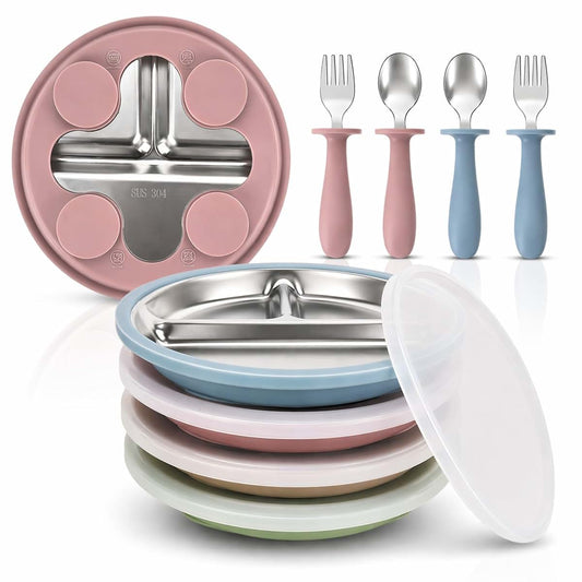 NKR lab Stainless Steel Baby Plates with Suction, 4-Pack Divided Set