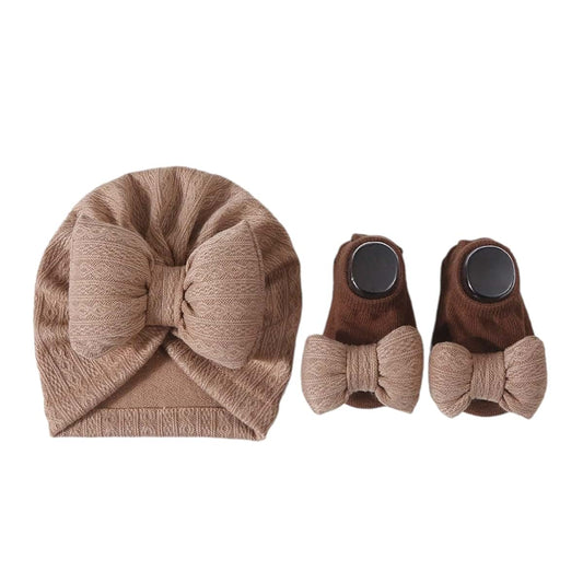 BIYAER Turban Hat Newborn Hat with Socks Set Knitted Hat with Socks Stylish Turban Hat with Short Tube Socks Coffee