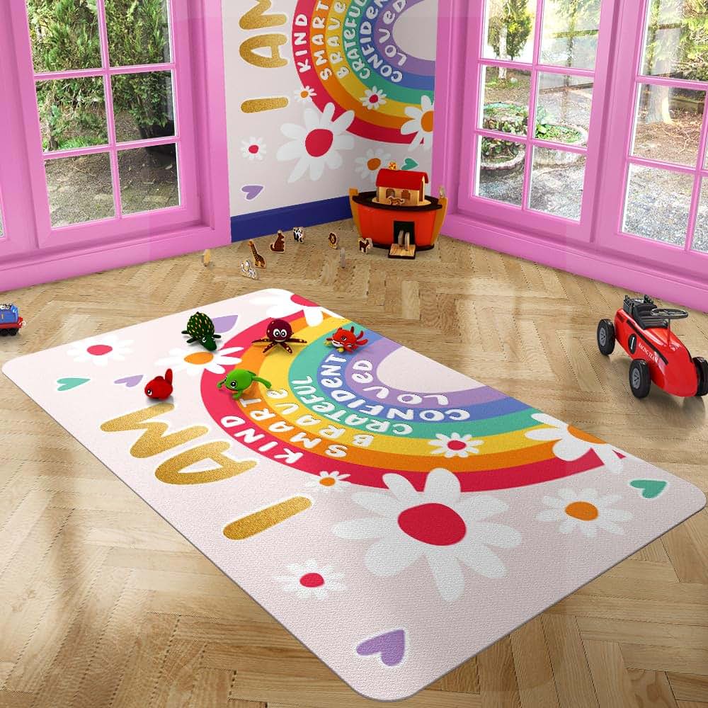 CHILLGEN Personalized Rainbow Rug for Classroom – Positive Affirmation Carpet Mat (photo 4)
