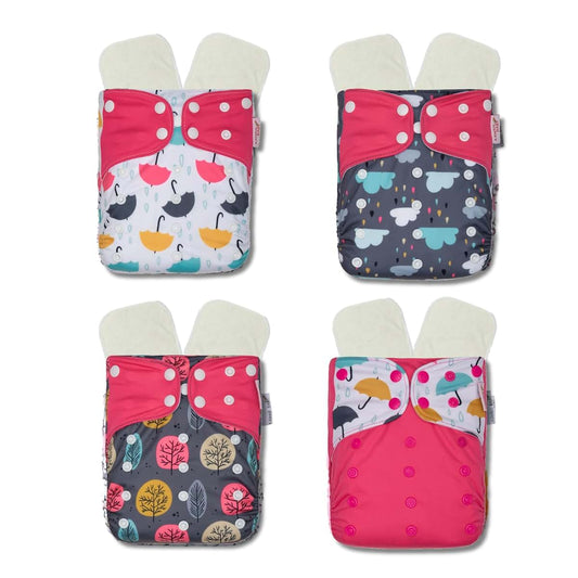KaWaii Baby Reusable Cloth Diaper Bundle- 4 Printed Snap + 8 Premium Diaper Inserts One Size Adjustable Newborn to